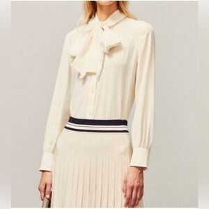 Tory Burch 100% Silk Blouse Fringe Tie Front Button Up Elegant Blouse Cream Sz 8